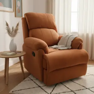 Fabric Recliner 1 Seater Sofa Chair | Hush Puffy Rocking & Revolving Manual Recliner Sofa for Head Support and Leg Relaxation Brown